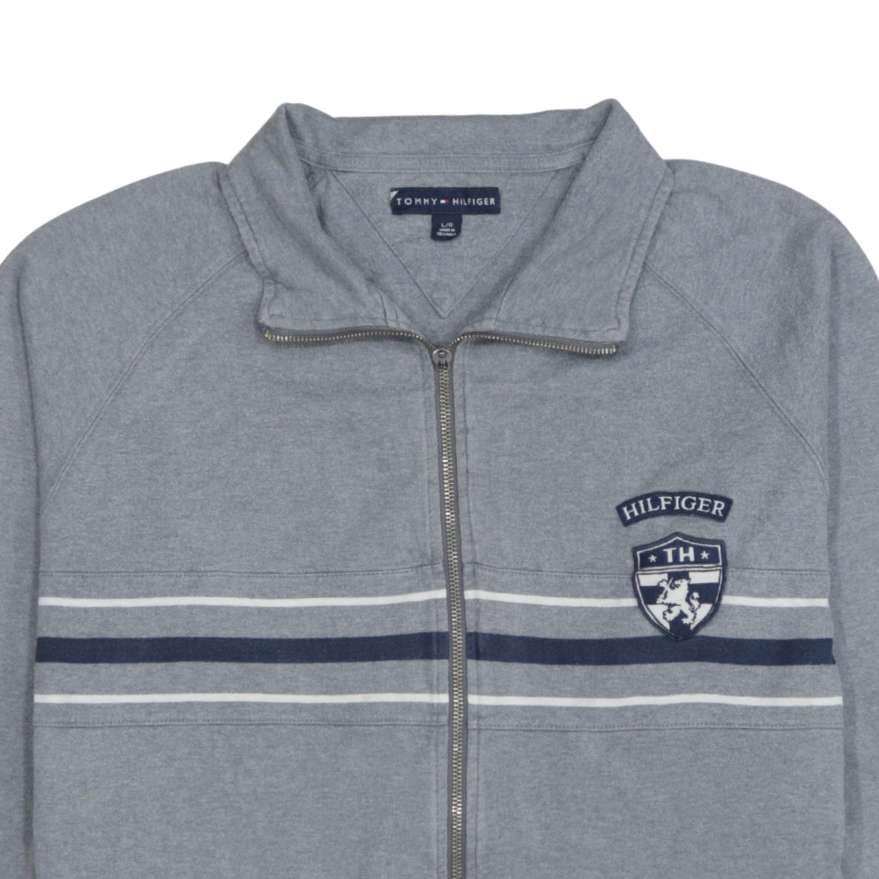 Tommy Hilfiger Men's Grey Full Zip Sweatshirt L Logo Striped Cotton