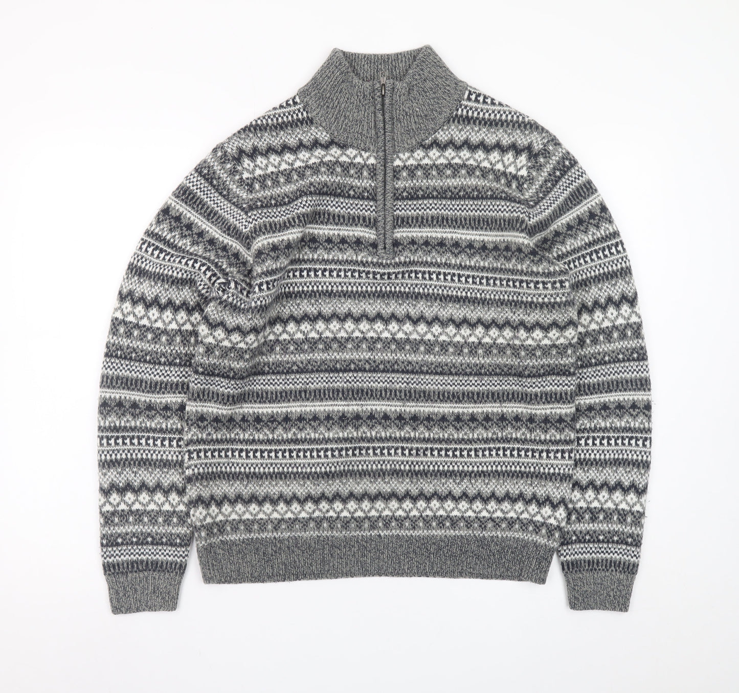 Dunnes Stores Men's Grey Fair Isle 1/2 Zip Wool Blend Jumper Size S