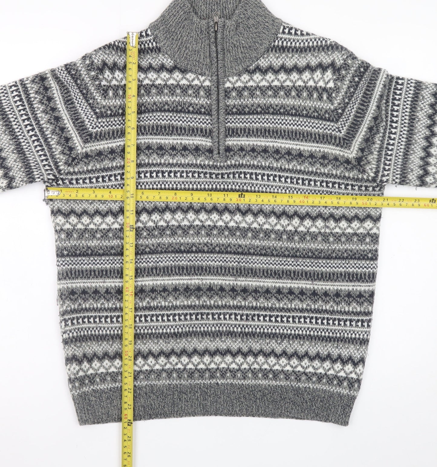 Dunnes Stores Men's Grey Fair Isle 1/2 Zip Wool Blend Jumper Size S