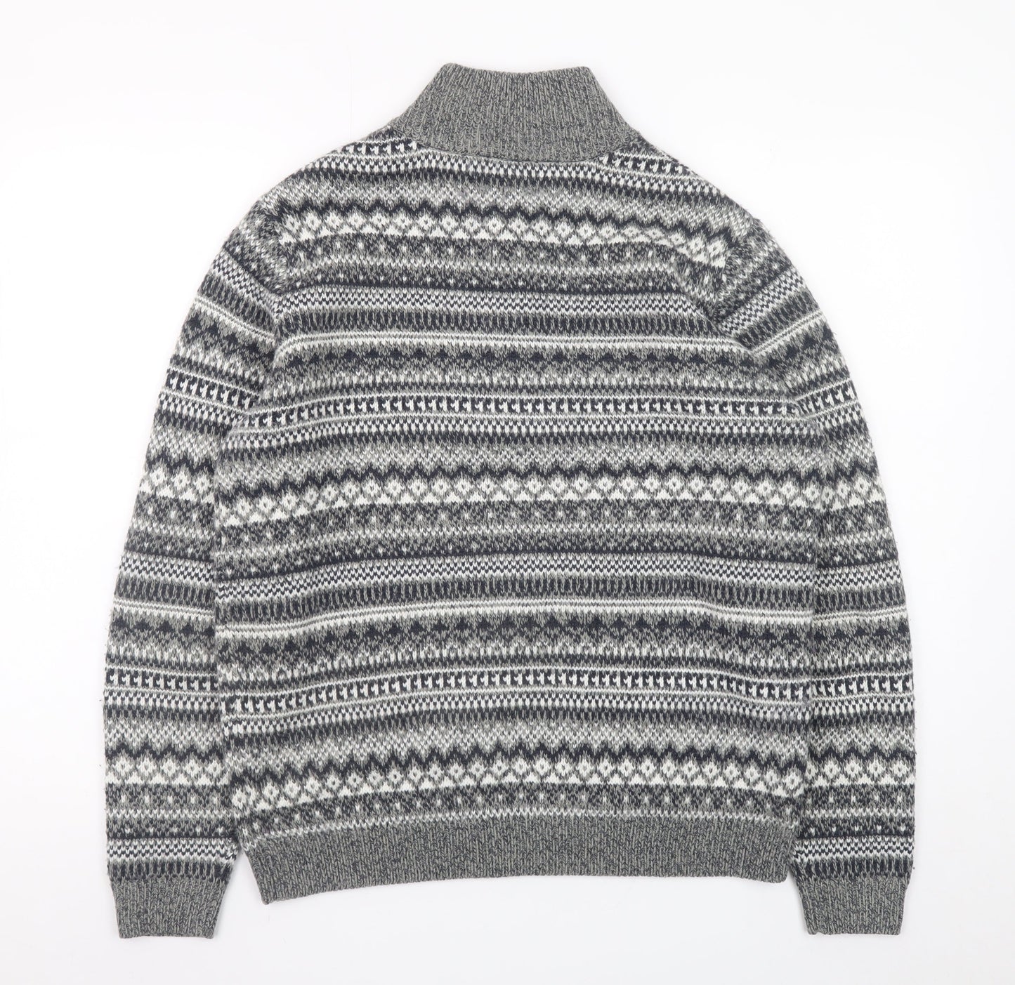 Dunnes Stores Men's Grey Fair Isle 1/2 Zip Wool Blend Jumper Size S