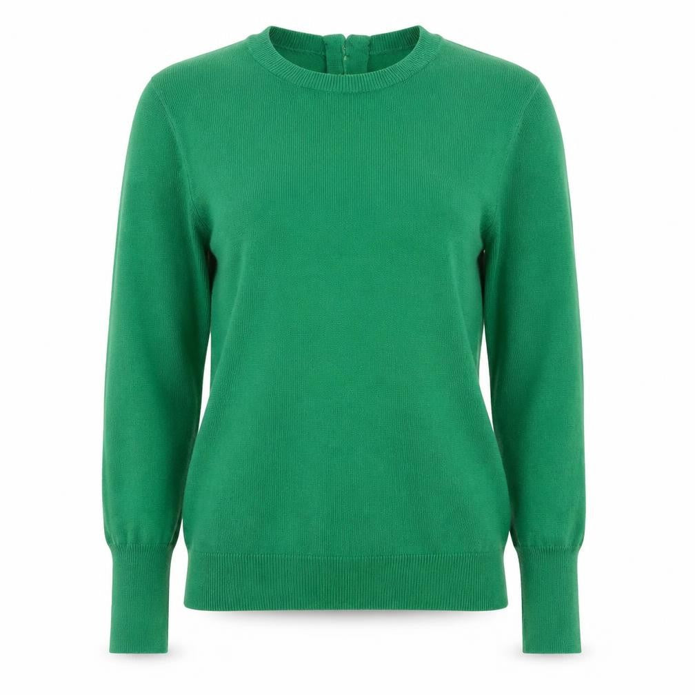 Savida Women Green Small Crew Neck Button Back Long Sleeve Jumper