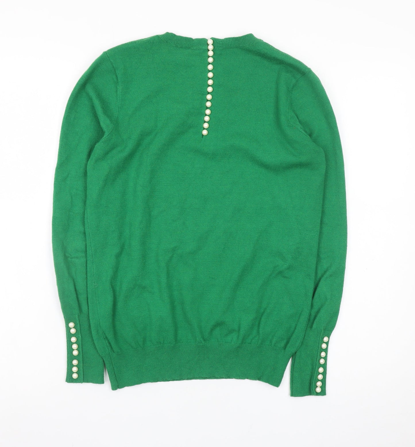 Savida Women Green Small Crew Neck Button Back Long Sleeve Jumper