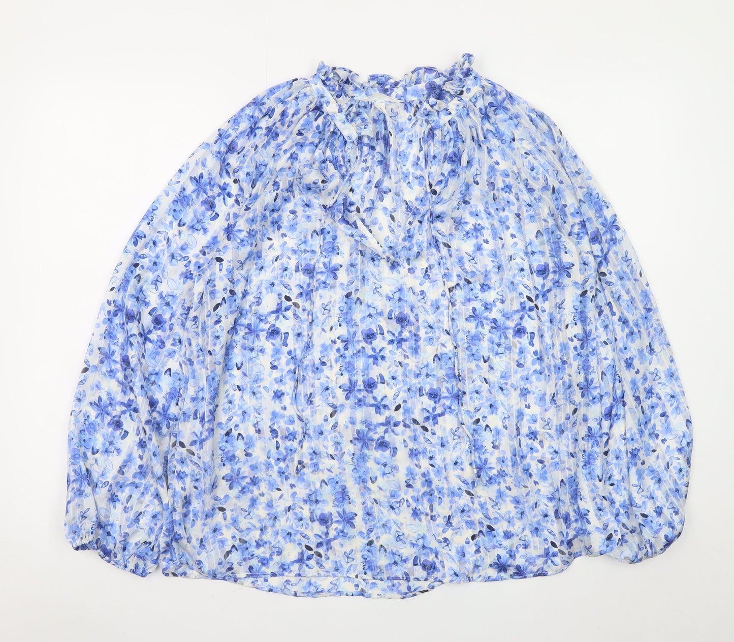 H&M Women’s Blue Floral Chiffon Ruffle Tie Neck Tunic Blouse Size 12