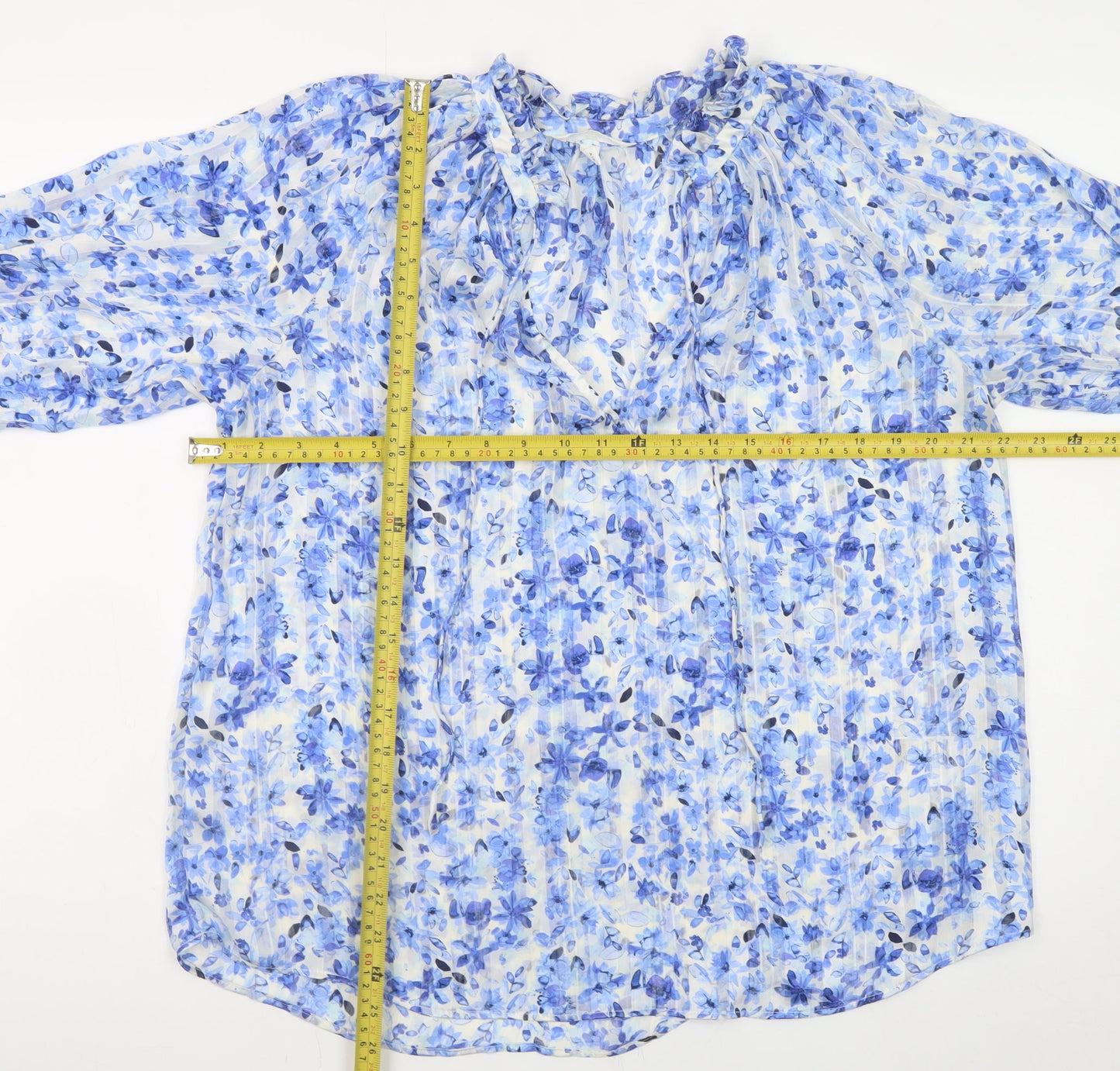 H&M Women’s Blue Floral Chiffon Ruffle Tie Neck Tunic Blouse Size 12
