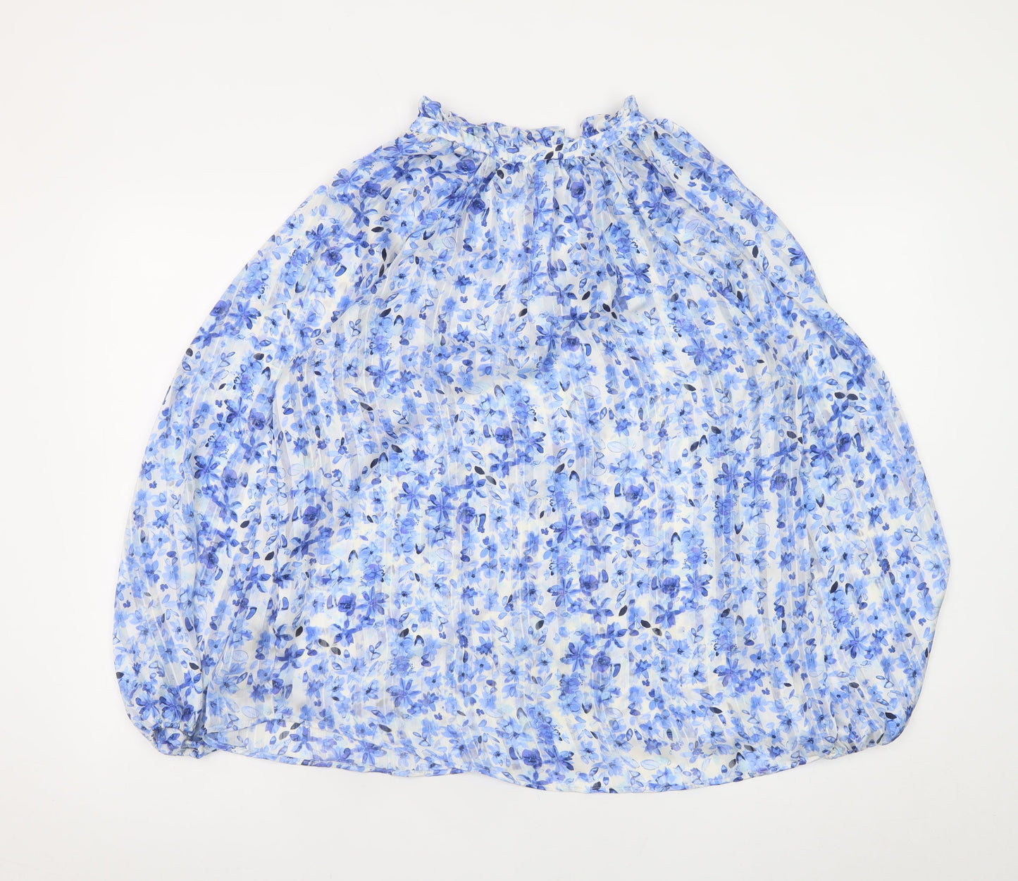 H&M Women’s Blue Floral Chiffon Ruffle Tie Neck Tunic Blouse Size 12