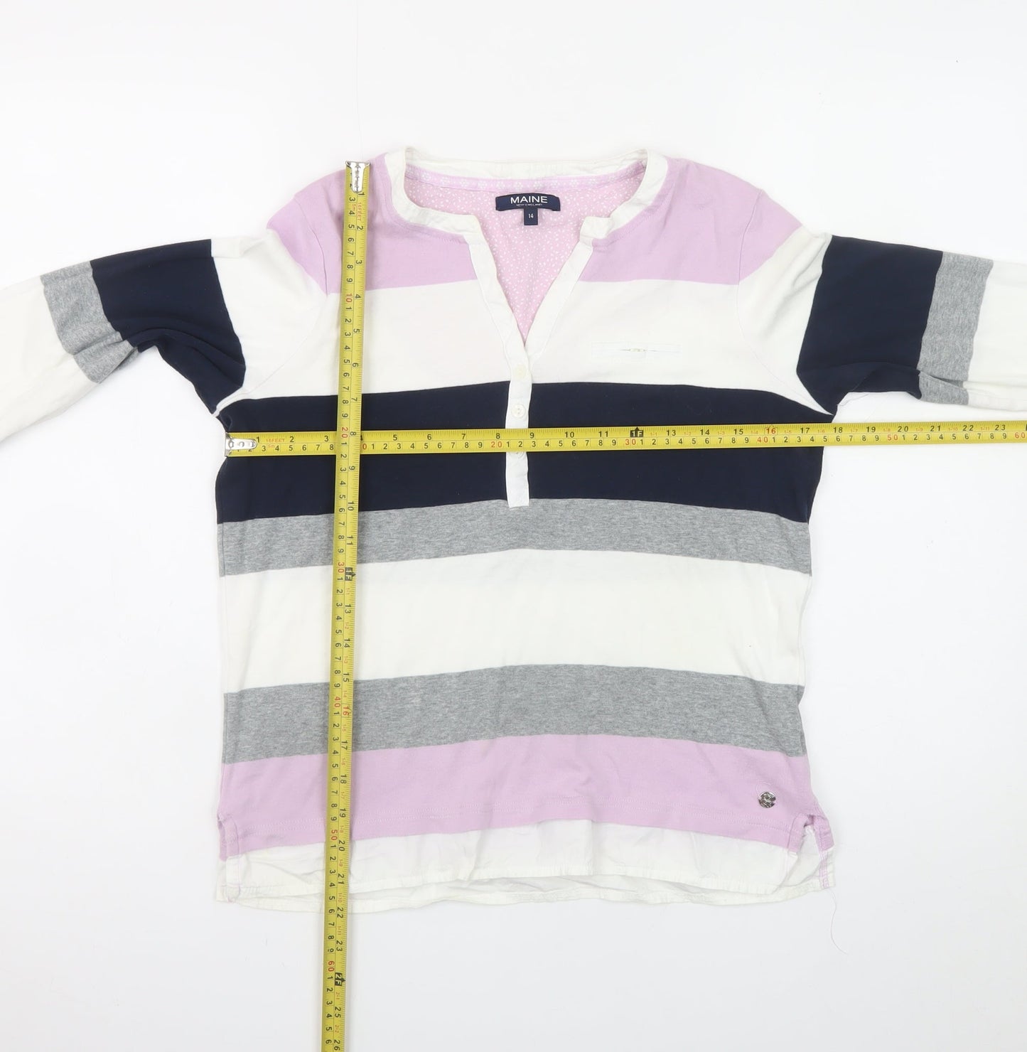 Maine New England Women’s Multicoloured Stripe Cotton Henley Top Size 14