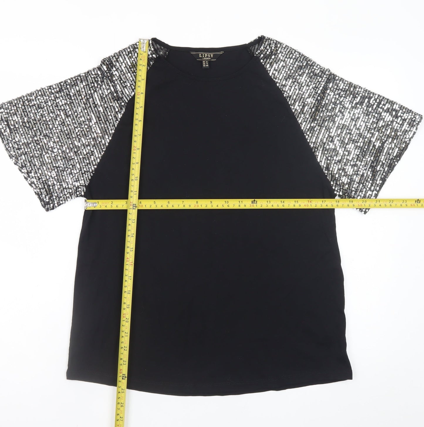 Lipsy Womens Black Sequin Sleeve Raglan Short Sleeve T-Shirt Size 12
