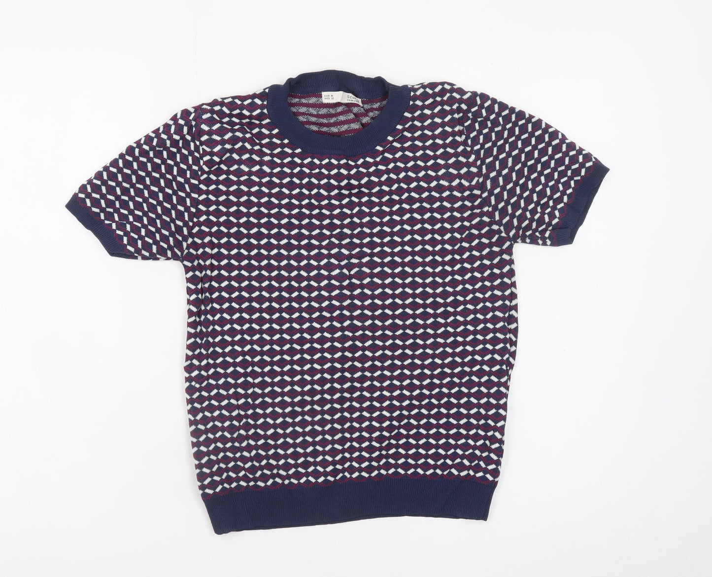 Sfera Women Blue Geometric Knit Short Sleeve Pullover Jumper Size 12