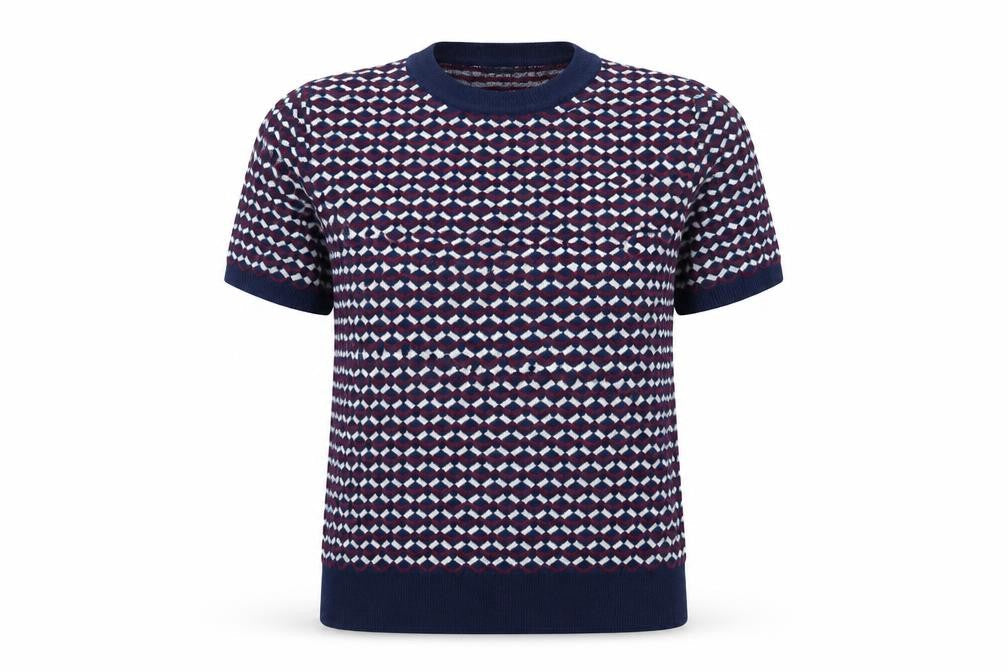 Sfera Women Blue Geometric Knit Short Sleeve Pullover Jumper Size 12