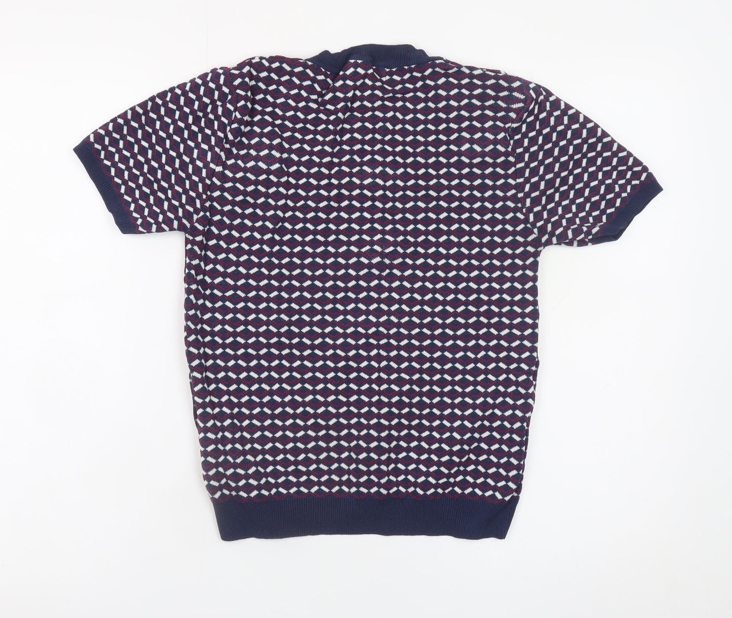 Sfera Women Blue Geometric Knit Short Sleeve Pullover Jumper Size 12
