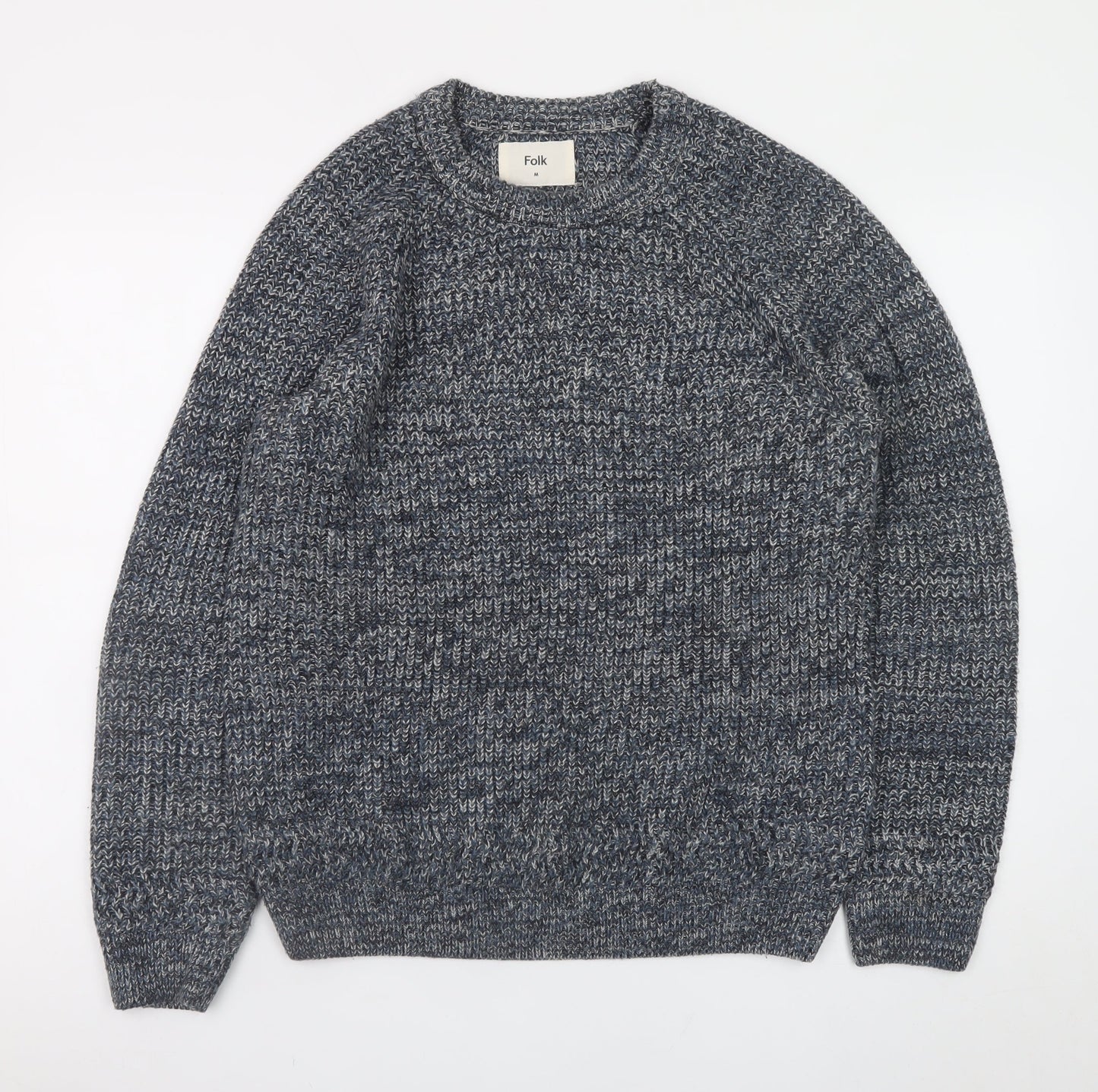 Folk Men's Blue Chunky-Knit Crew Neck Wool Blend Pullover Jumper M