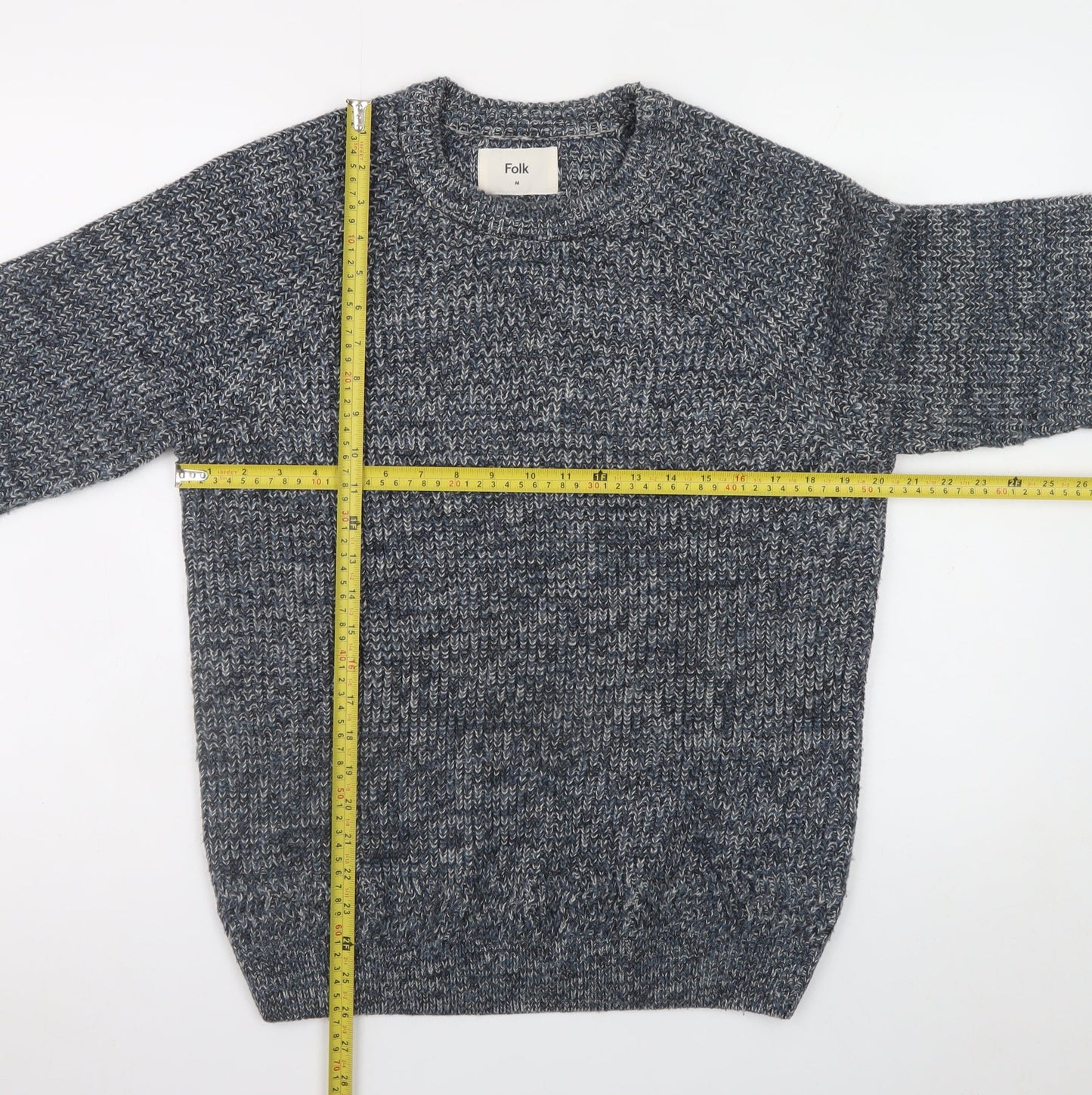 Folk Men's Blue Chunky-Knit Crew Neck Wool Blend Pullover Jumper M