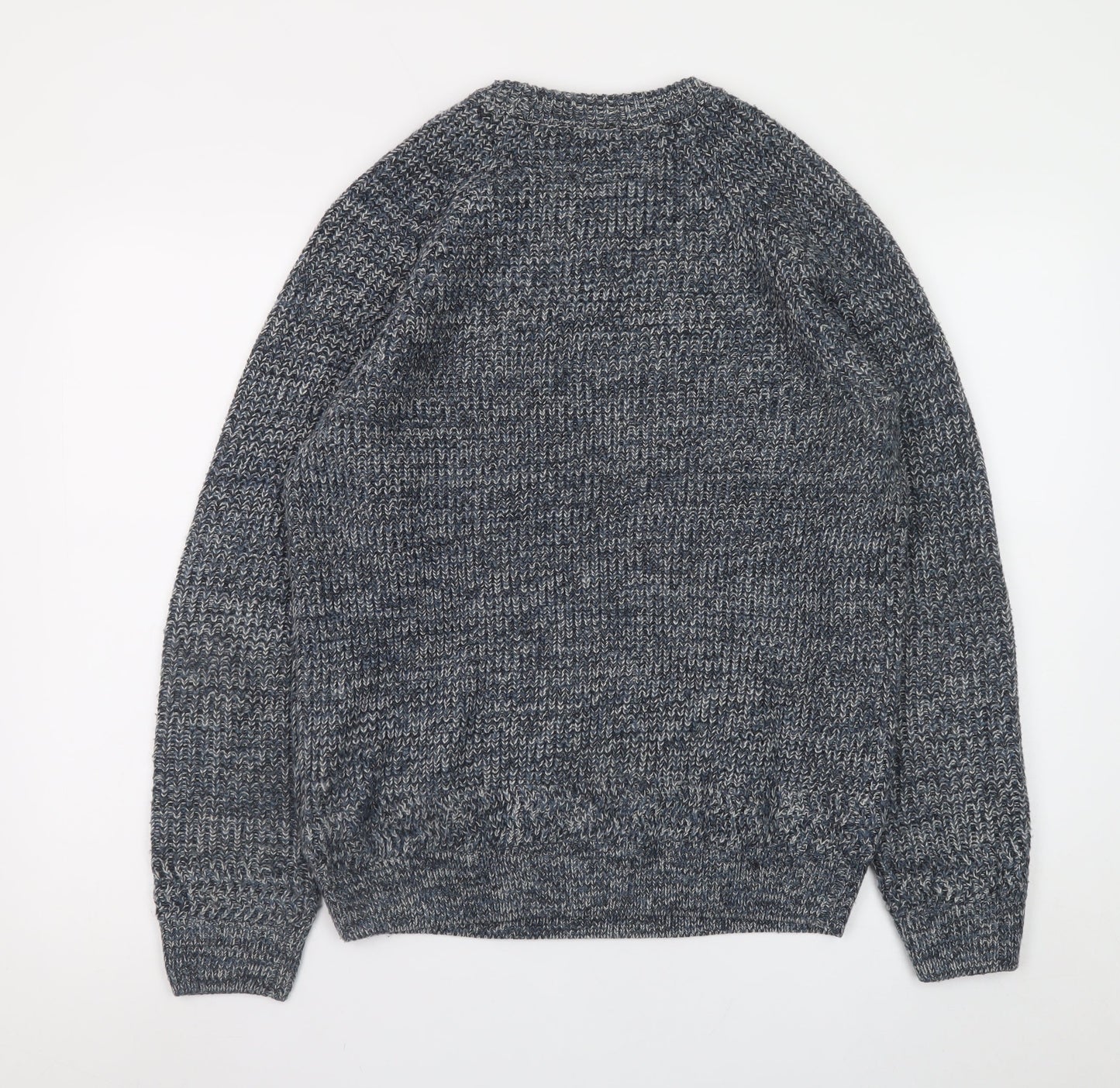 Folk Men's Blue Chunky-Knit Crew Neck Wool Blend Pullover Jumper M
