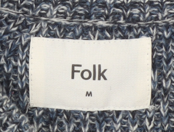 Folk Men's Blue Chunky-Knit Crew Neck Wool Blend Pullover Jumper M