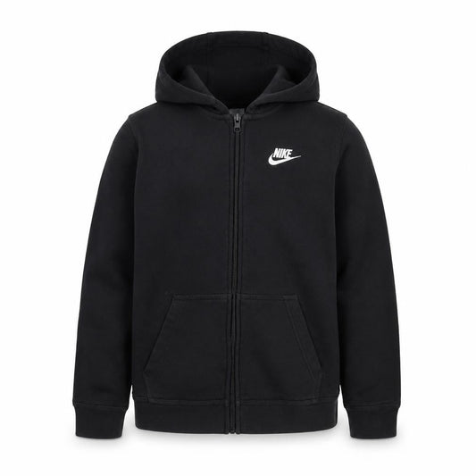 Front view of Nike boys’ black full zip hoodie l 147-158cm fleece logo sweatshirt