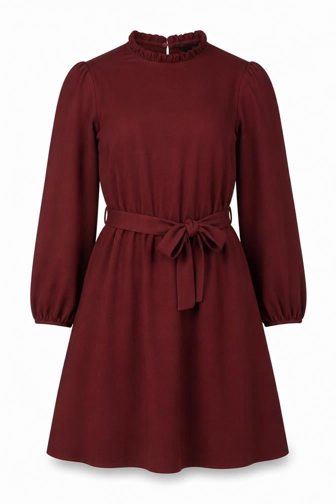 New Look Women Red A-Line Short Dress Size 14 3/4 Sleeve Belted