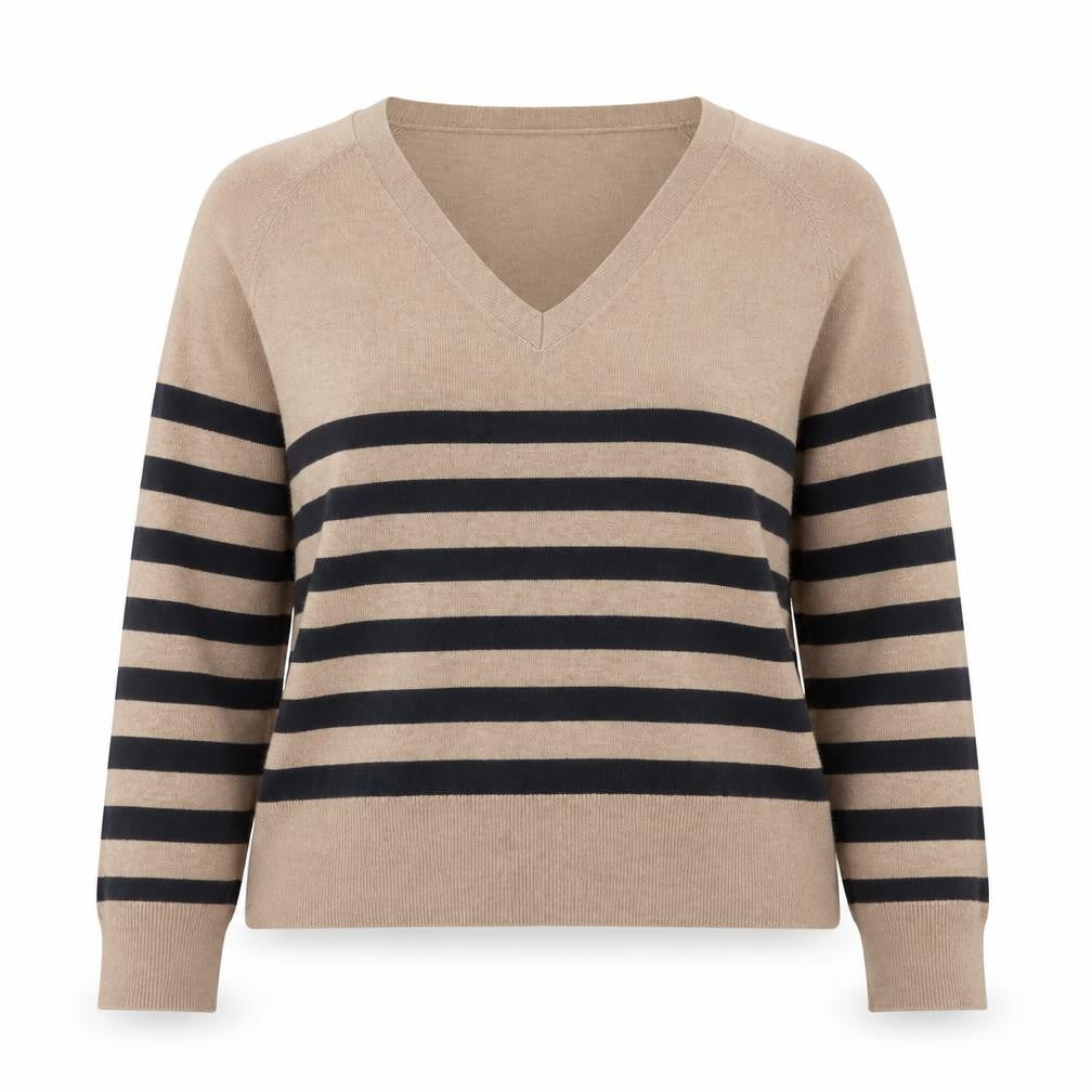 Mango Women Beige Black Striped V-Neck Cotton Pullover Jumper Size S