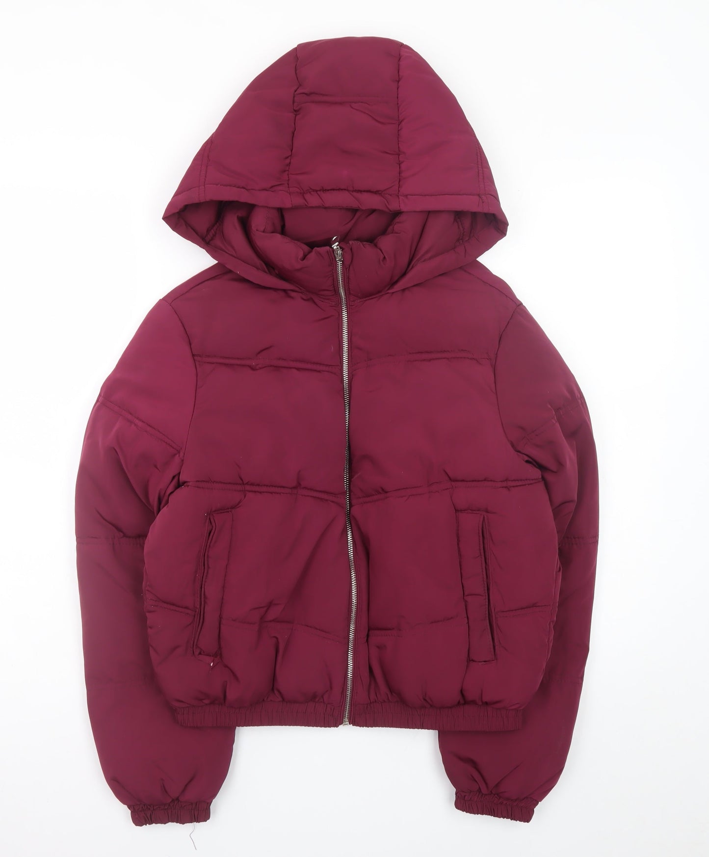 Pull & Bear Women's Red Hooded Puffer Jacket Size 8
