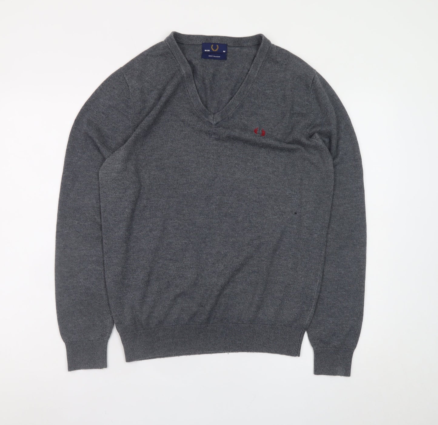Fred Perry Men's Grey Wool V-Neck Jumper Size M Classic Knitwear