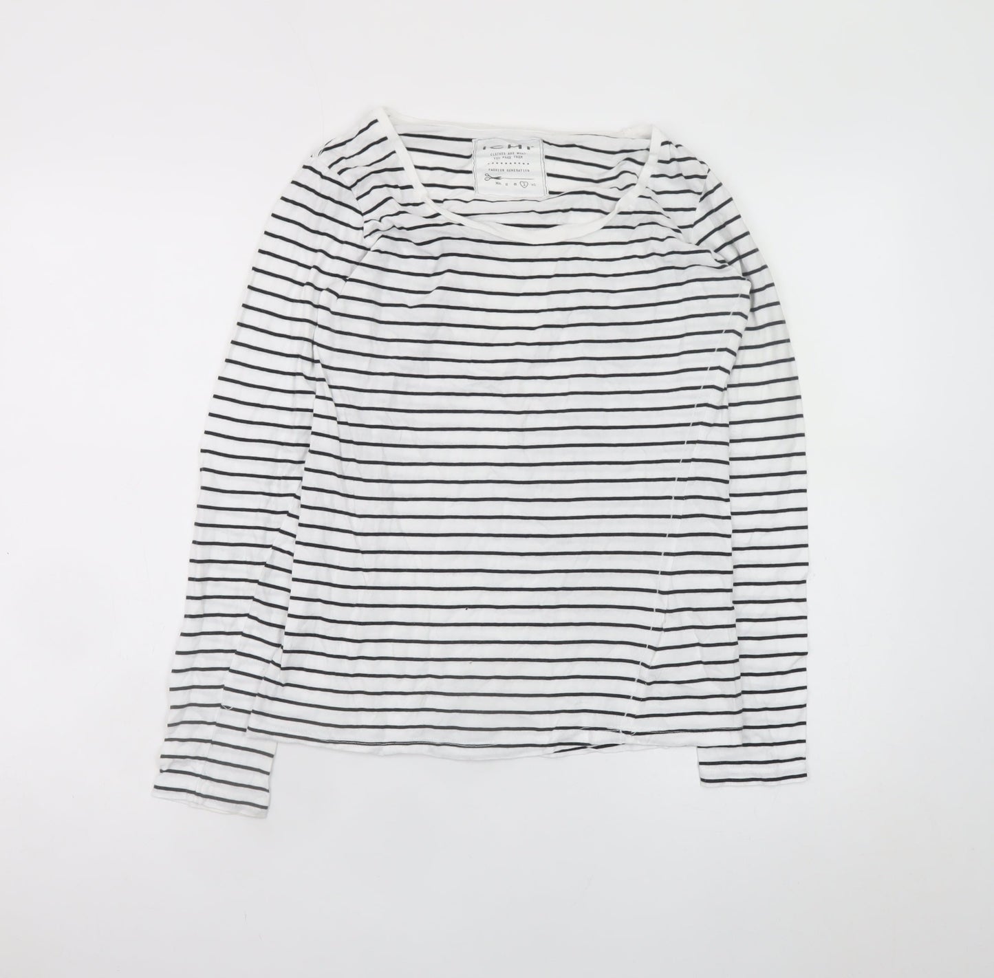 ICHI Women’s White Black Striped Long Sleeve Cotton T-Shirt L