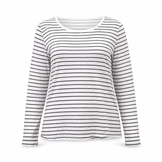 ICHI Women’s White Black Striped Long Sleeve Cotton T-Shirt L