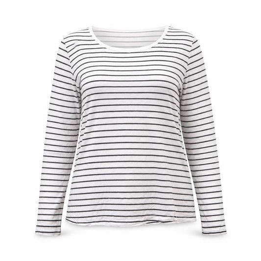 ICHI Women’s White Black Striped Long Sleeve Cotton T-Shirt L
