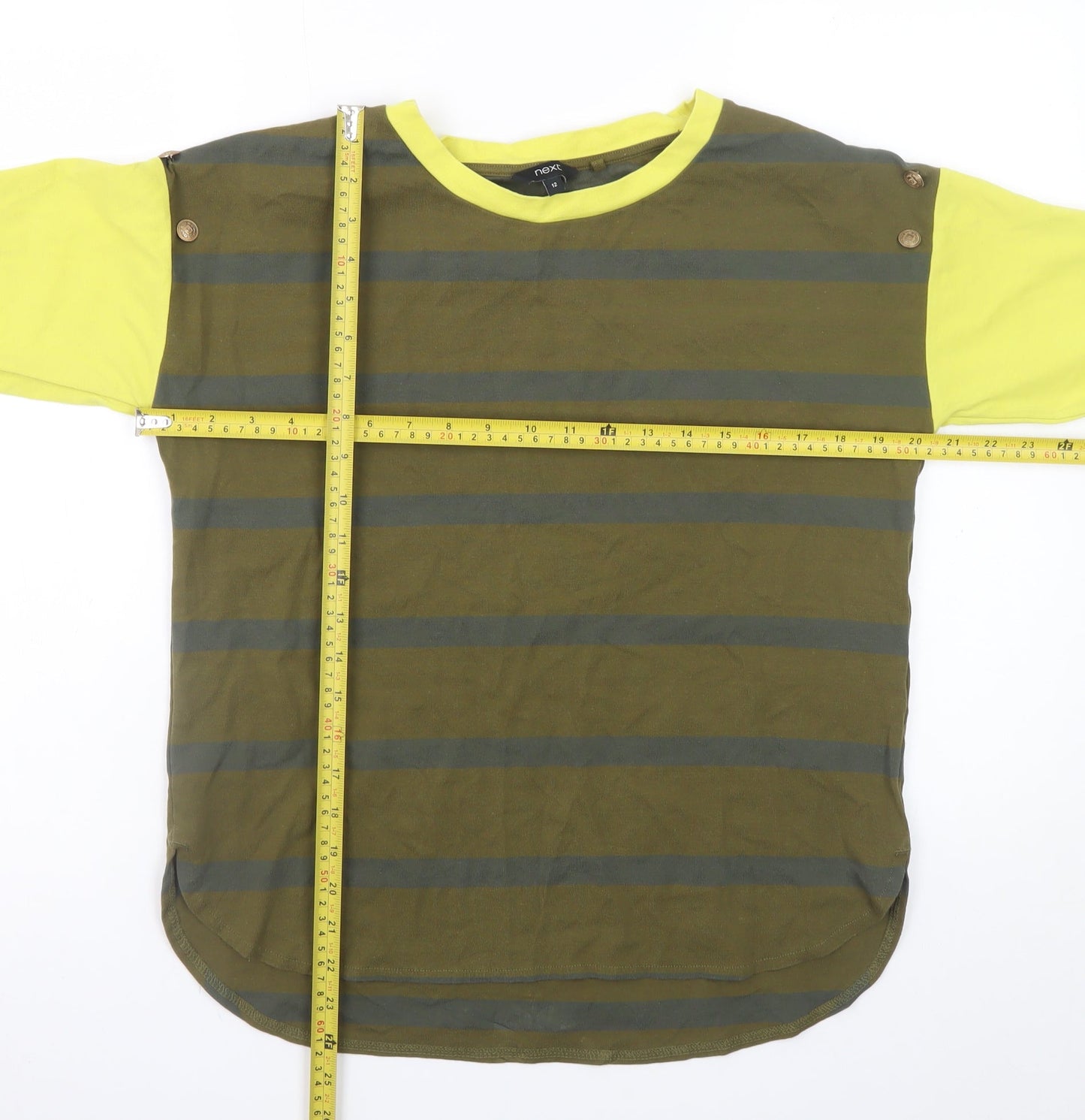 Next Women Green Stripe Long Sleeve Cotton Blend Casual Top Size 12