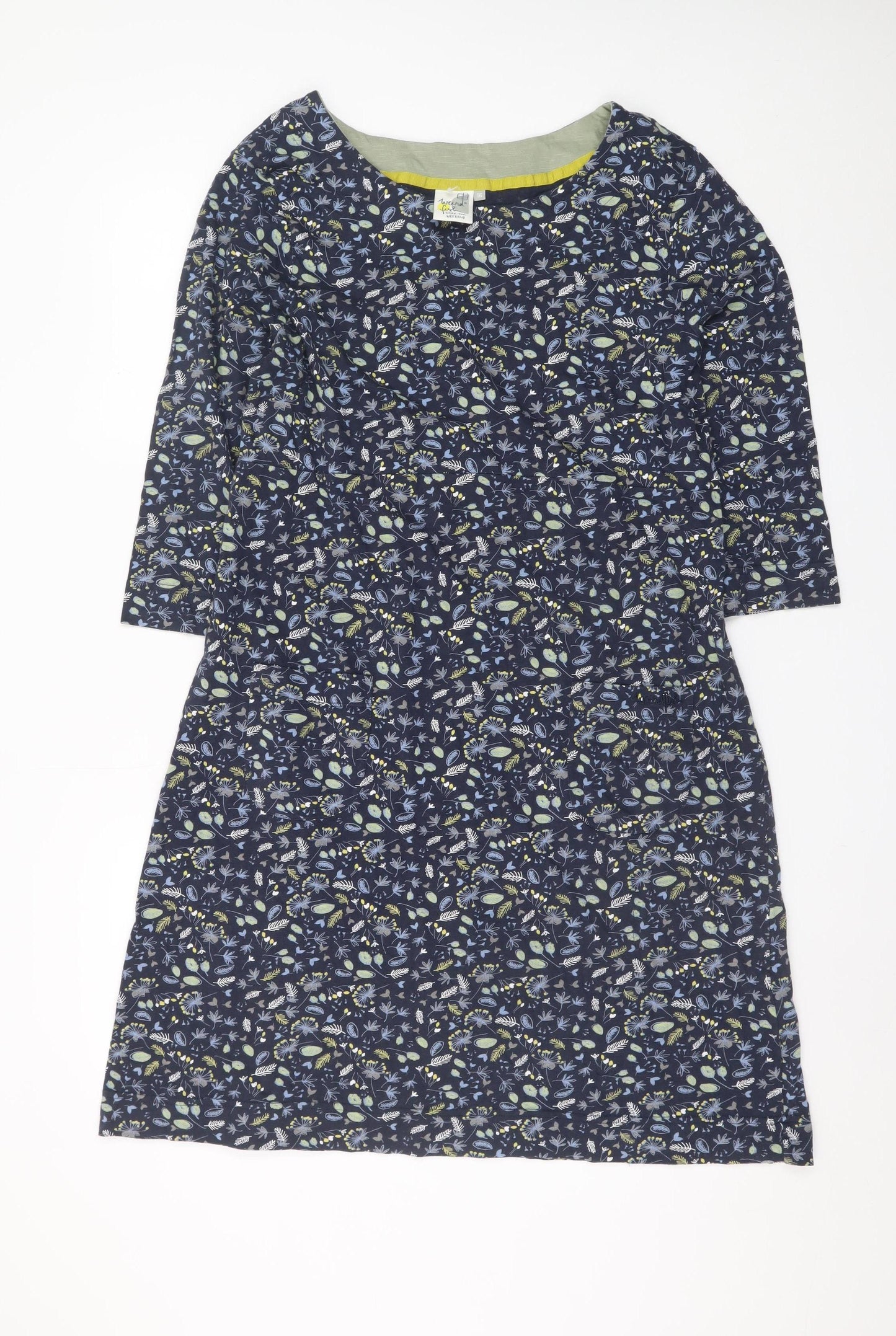 Weird Fish Women Blue Floral Shift Dress Size 16 Cotton 3/4 Sleeve