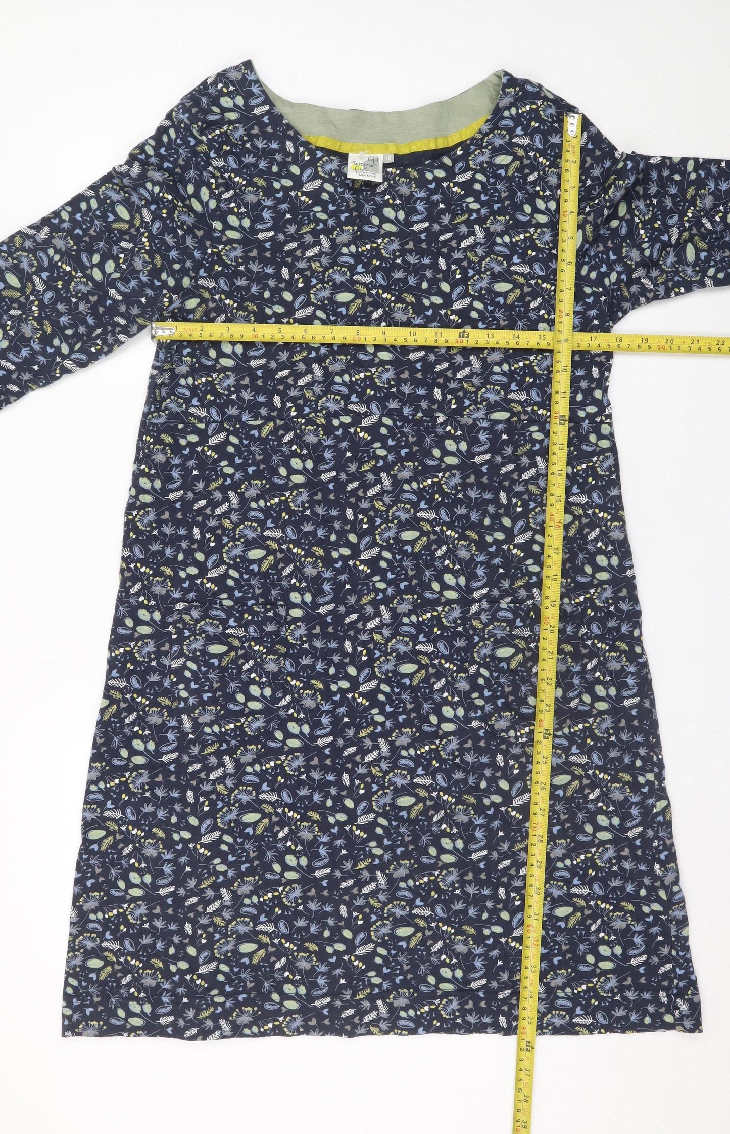 Weird Fish Women Blue Floral Shift Dress Size 16 Cotton 3/4 Sleeve