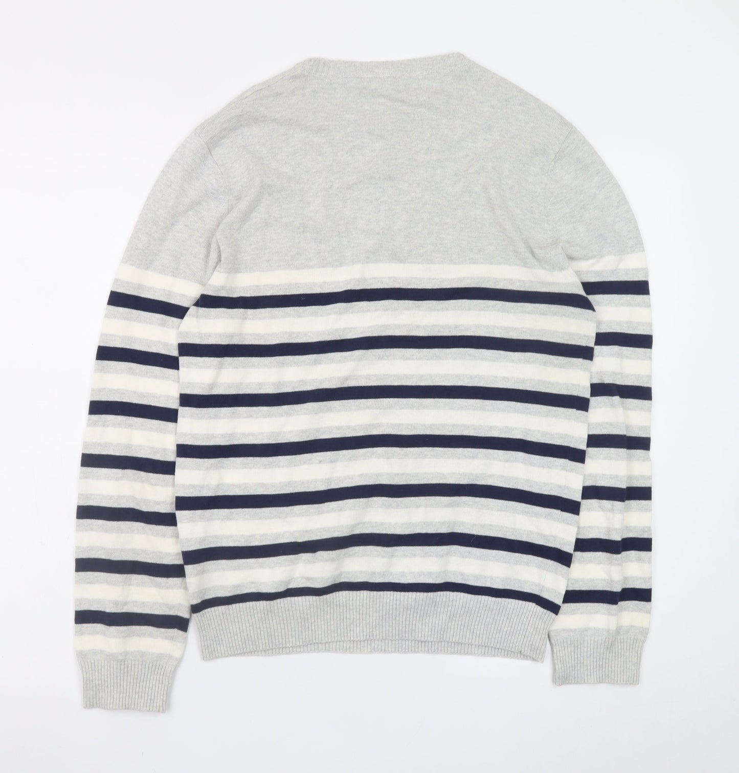 McKenzie Men's Grey Striped Cotton Crew Neck Jumper Size M