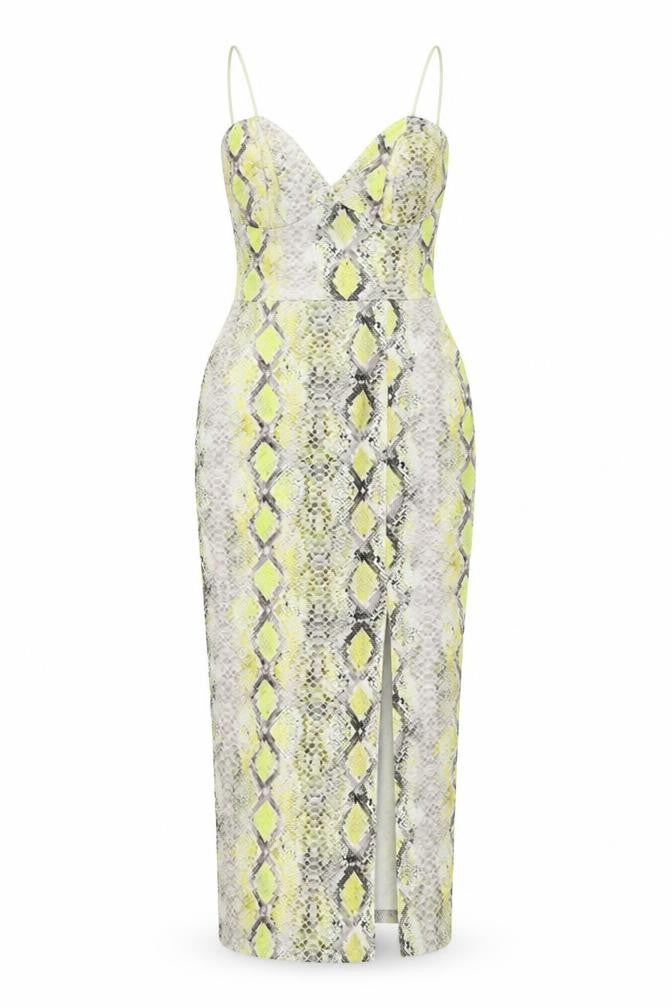 New Look Womens Yellow Snake Print Bodycon Midi Dress Size 10