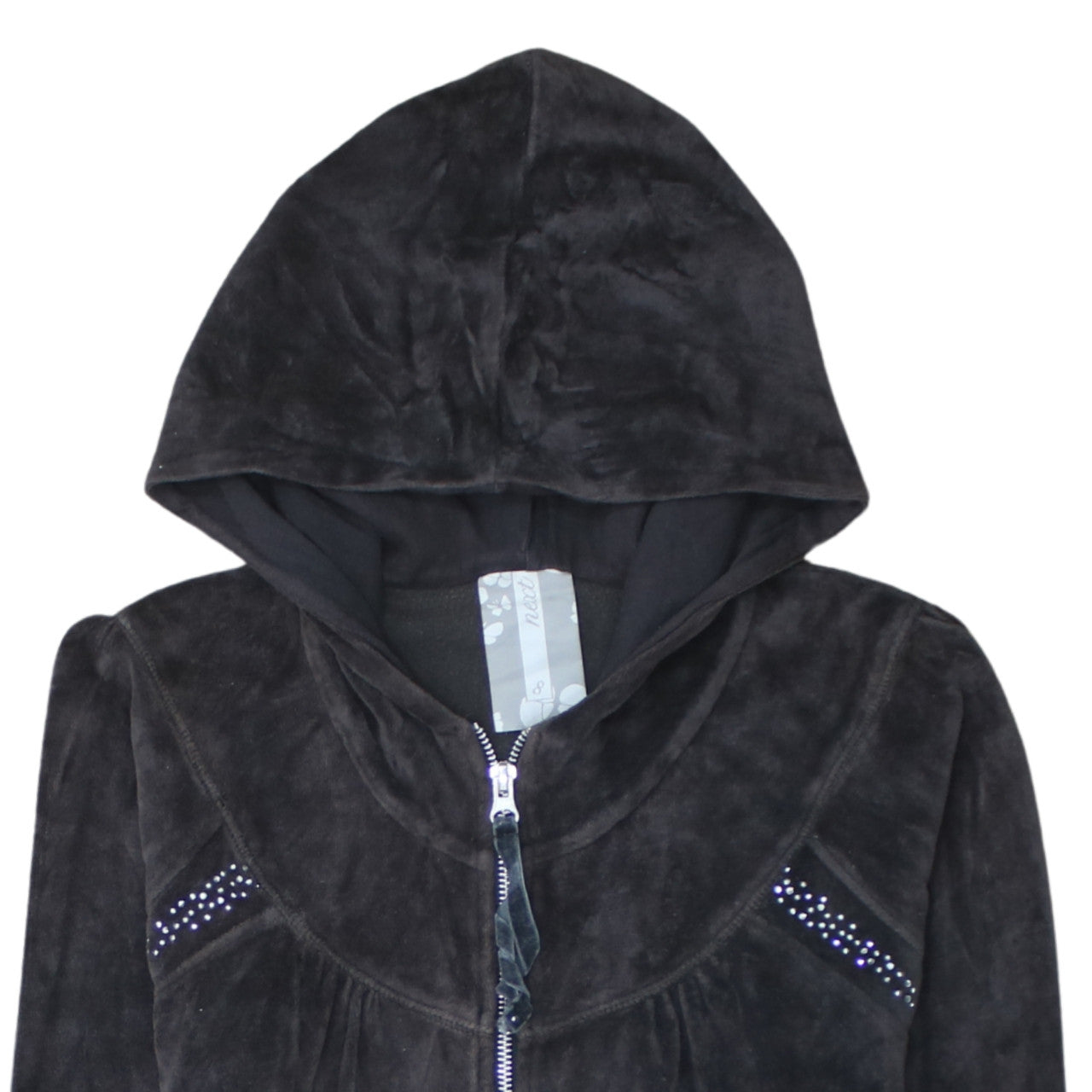 Next Women Black Velour Full Zip Hoodie UK 8 Embellished Detail