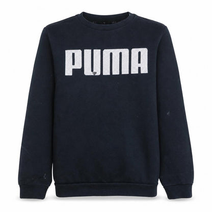 Front view of Puma boys’ black crew neck pullover sweatshirt 14-15 years logo fleece