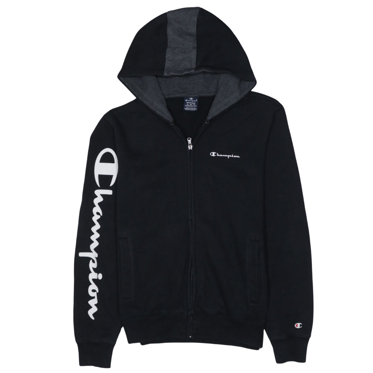 Champion Men's Black Medium Full Zip Hoodie Logo Fleece