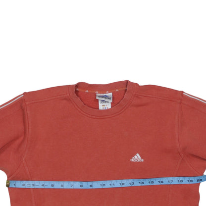 Close-up detail of Adidas boys’ red fleece pullover sweatshirt, size 140, long sleeve logo top