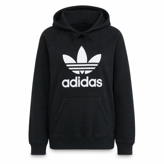 Front view of Adidas women’s black small pullover hoodie with logo print