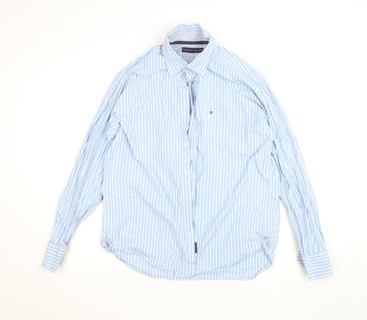 Tommy Hilfiger Men's Blue Striped Cotton Button-Down Long Sleeve Dress Shirt L
