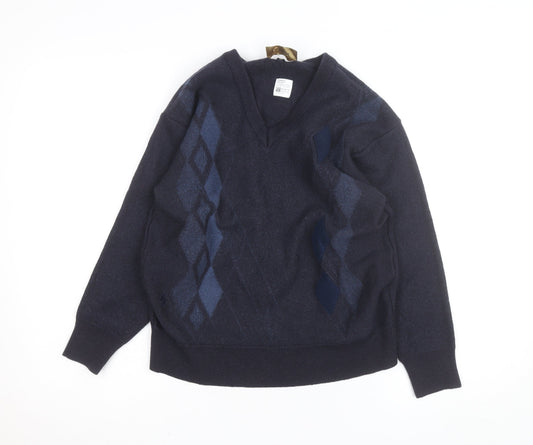 Gabicci Men's Blue Argyle Wool Blend V-Neck Jumper Size M