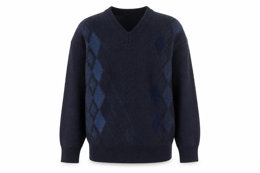 Gabicci Men's Blue Argyle Wool Blend V-Neck Jumper Size M
