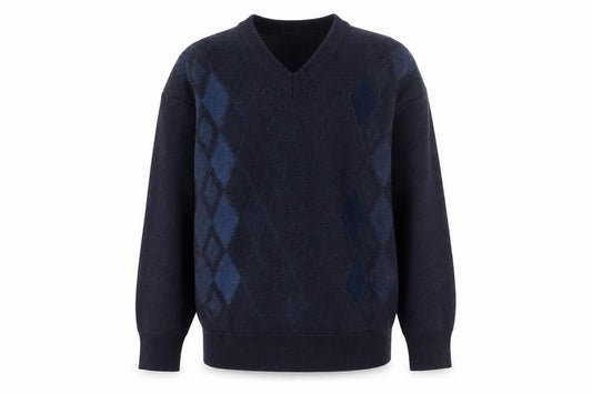 Gabicci Men's Blue Argyle Wool Blend V-Neck Jumper Size M