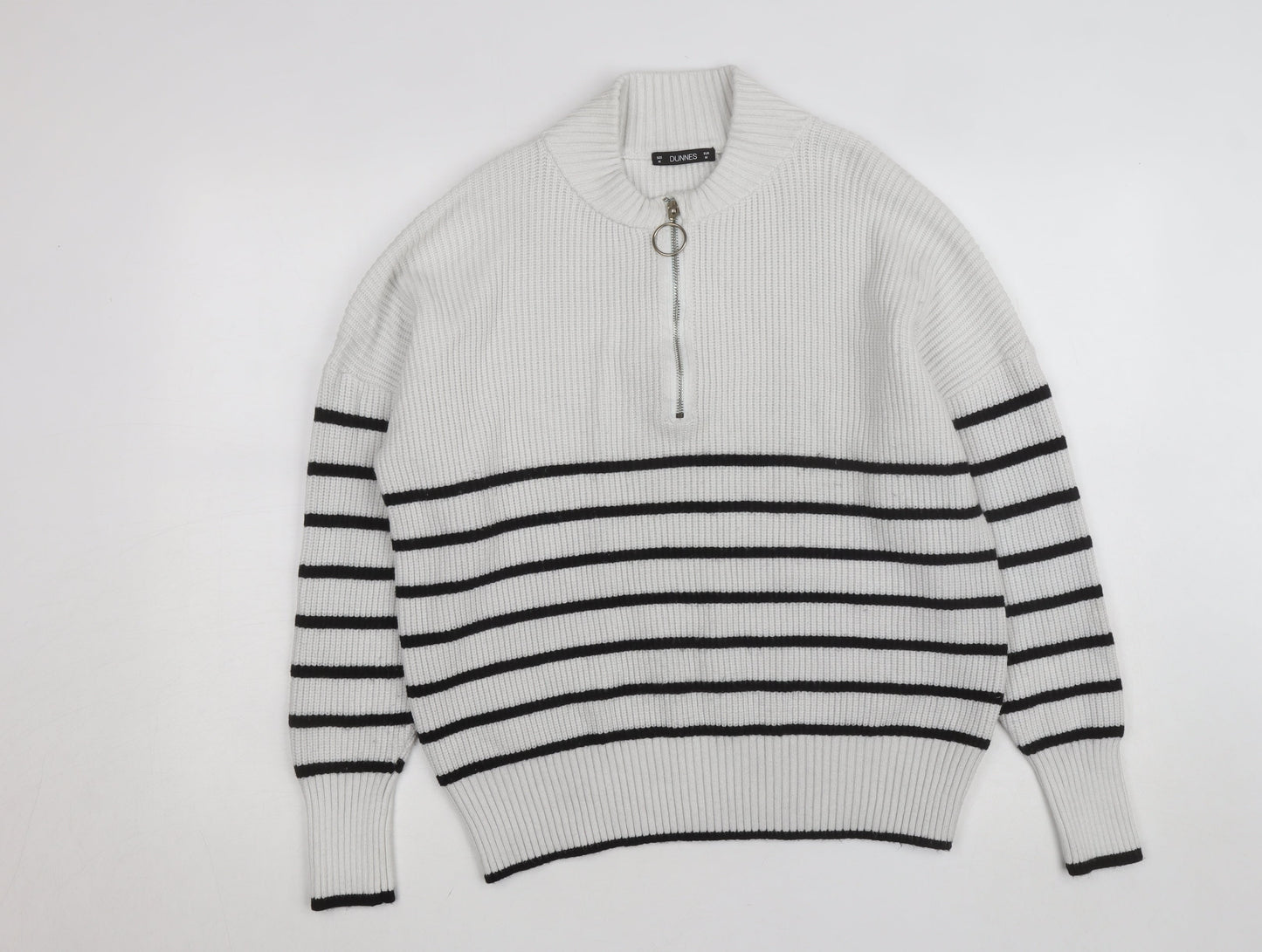 Dunnes Women’s White Striped Mock Neck Half Zip Jumper Size 12