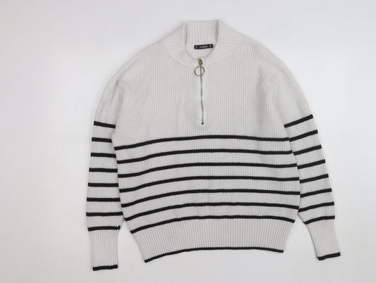 Dunnes Women’s White Striped Mock Neck Half Zip Jumper Size 12