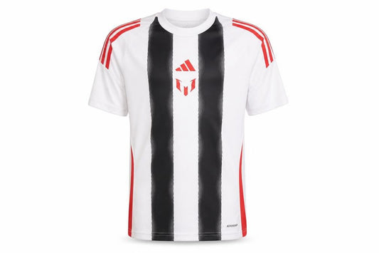 Front view of Adidas boys’ white striped football jersey t-shirt 13-14 years aeroready