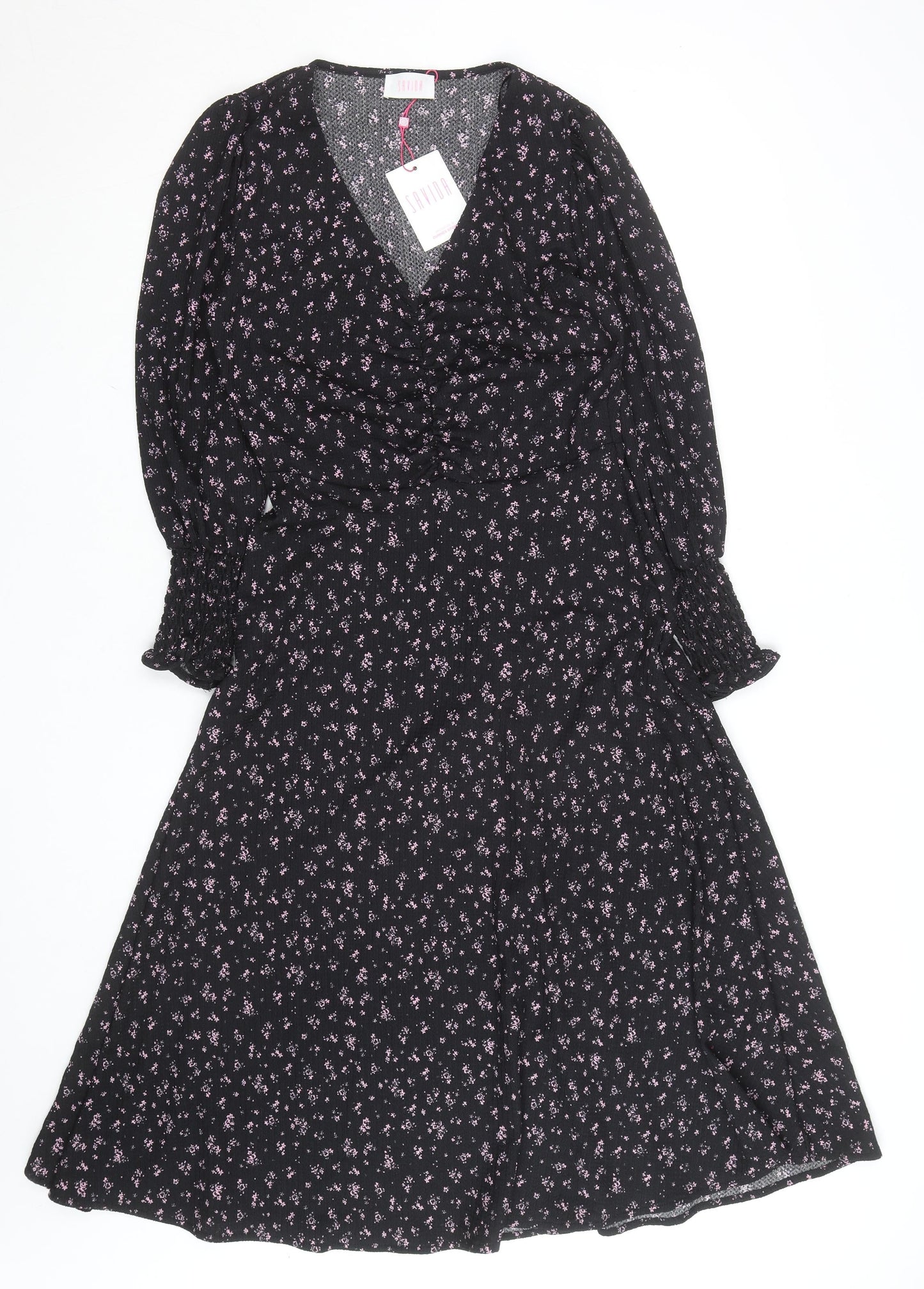 Savida Women Black Floral A-Line Midi Dress XS