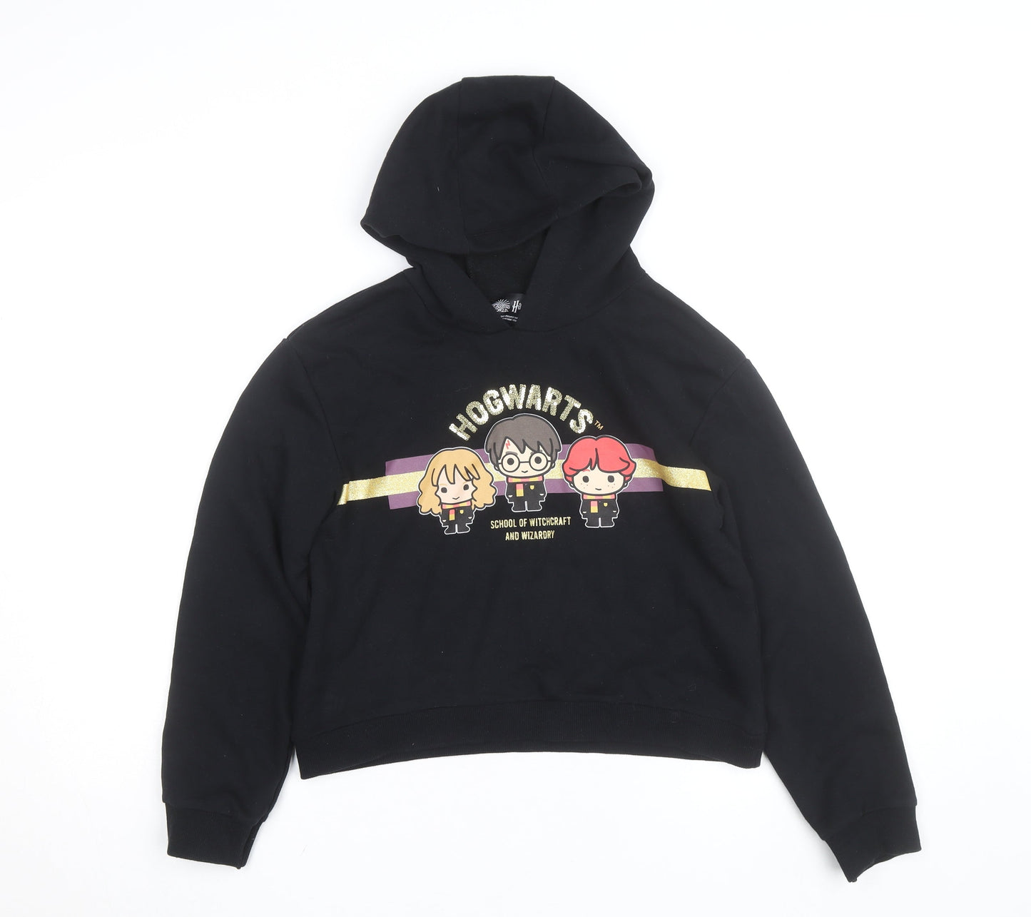 Harry Potter Girls Black 11-12 Years Pullover Hoodie Glitter Hogwarts Logo