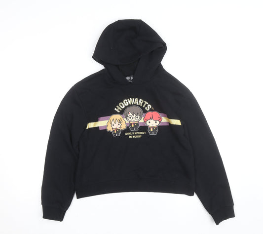 Harry Potter Girls Black 11-12 Years Pullover Hoodie Glitter Hogwarts Logo