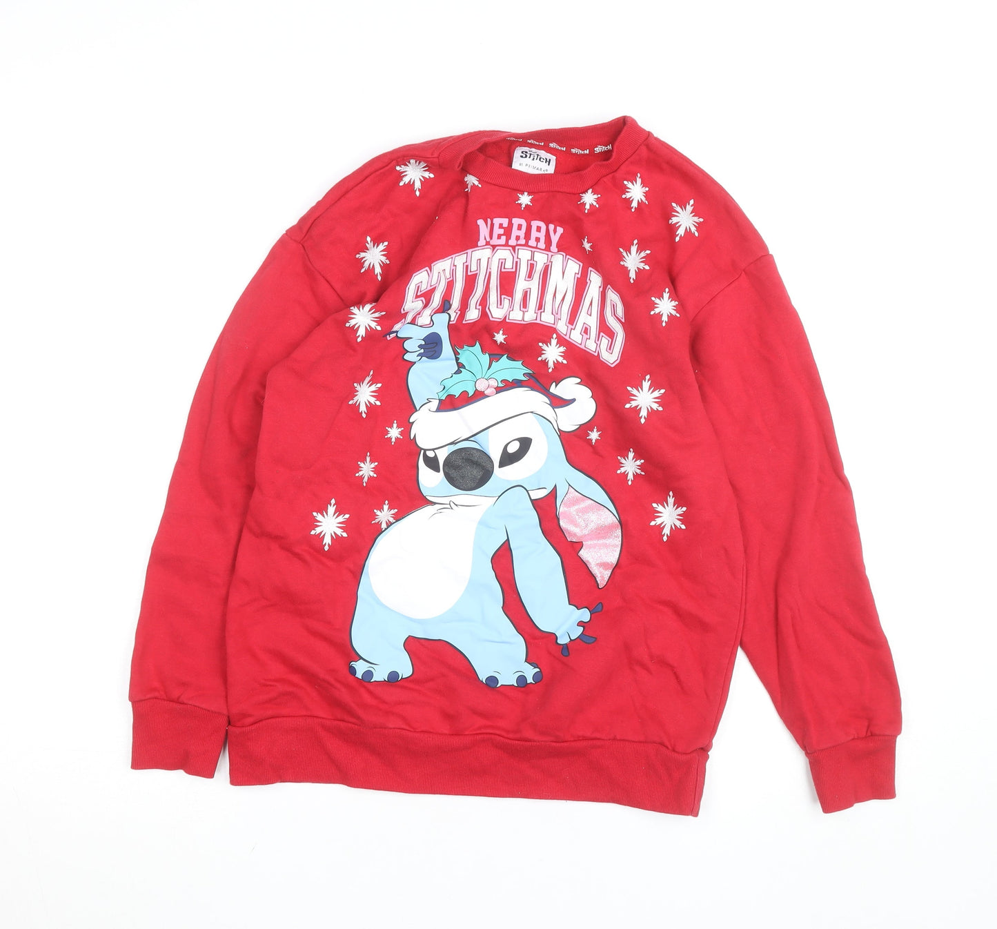 Disney Stitch Girls Red Christmas Sweatshirt 12-13 Years Pullover Crew Neck