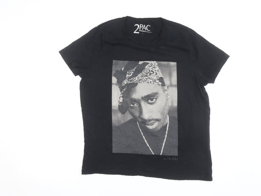 2PAC Unisex Black Cotton Graphic T-Shirt L Hip Hop Music Tee