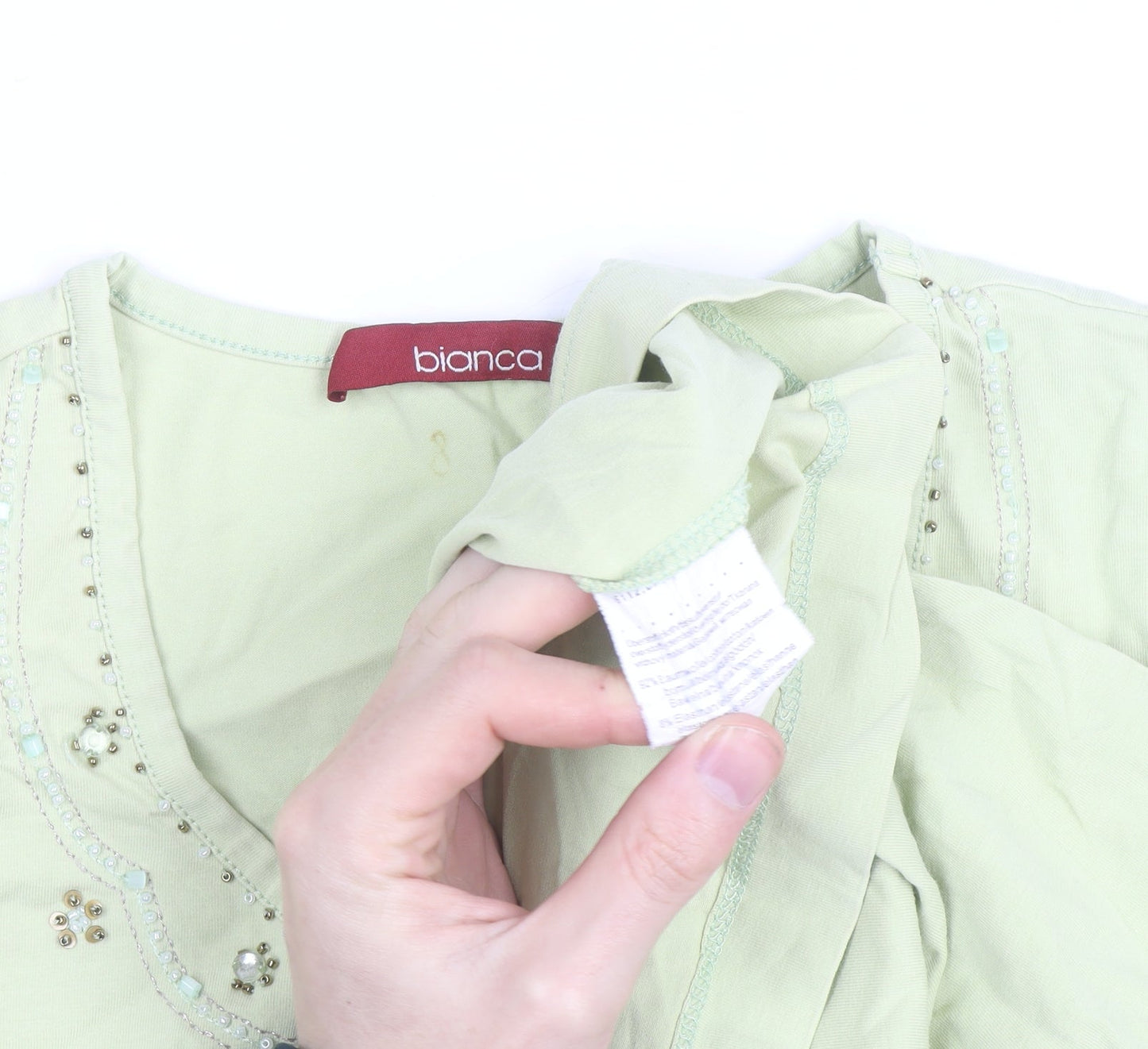 Bianca Womens Green Beaded Cotton T-Shirt Size 16
