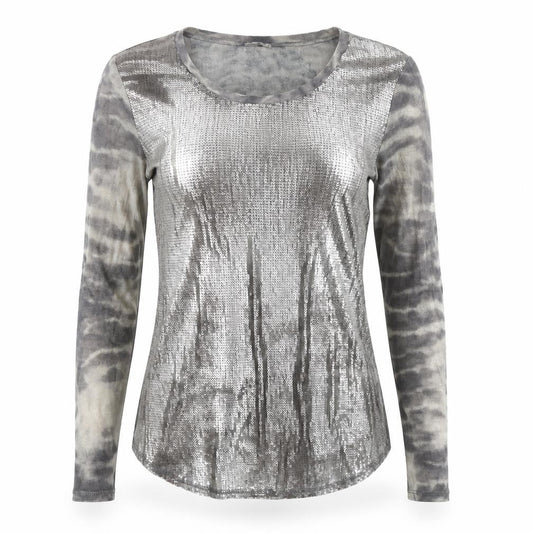 Marc Aurel Women's Grey Sequin Long Sleeve Cotton T-Shirt Size 8
